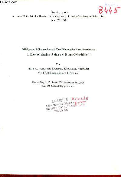 Beitrge zur Sedimentation und Fossilfhrung des Hunsrckschiefers 6.die conularien-arten des Hunsruckschiefers - Extrait sonderdruck aus dem Notizblatt des Hessischen Landesamtes fur Bodenforschung zu Wiesbaden band 92 1964.