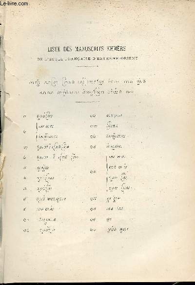 Liste des Manuscrits Khmers de l'Ecole Franaise d'Extrme Orient - Index alphabtique - bibliographie - Extrait du Bulletin de l'Ecole Franaise d'Extrme-Orient 1902.