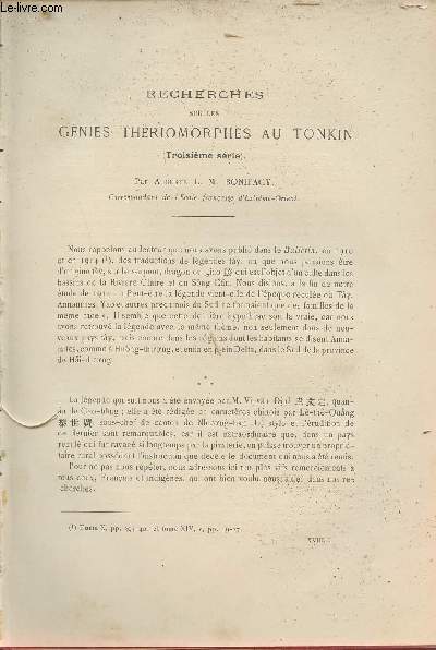 Recherches sur les gnies thriomorphes au Tonkin (troisime srie) - Extrait du Bulletin de l'Ecole Franaise d'Extrme-Orient 1918.