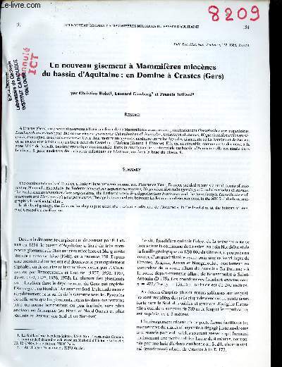 Un nouveau gisement  Mammifres miocnes du bassin d'Aquitaine : en Domine  Crastes (Gers) - Extrait Bull.Soc.Hist.Nat.Toulouse 122 1986.