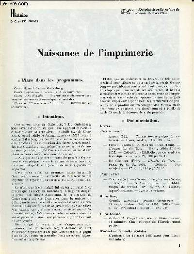 Naissance de l'imprimerie - Histoire documents pour la classe n130 28-2-63.