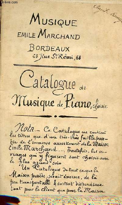 Musique Emile Marchaud Bordeaux catalogue de musique de piano choisie.