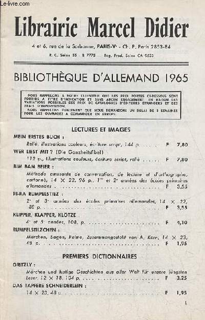 Catalogue Bibliothque d'Allemand 1965 - Librairie Marcel Didier.