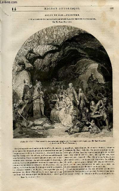 LE MAGASIN PITTORESQUE - Livraison n014 - Salon de 1842 - Peinture - Une assemble de protestants surprise par des troupes catholiques par Karl Girardet.