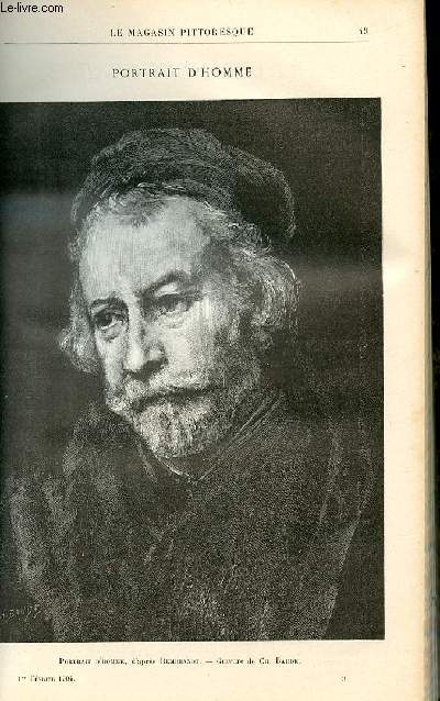 LE MAGASIN PITTORESQUE - Livraison n03 - Portrait d'homme d'aprs Rembrandt, grav par baude.