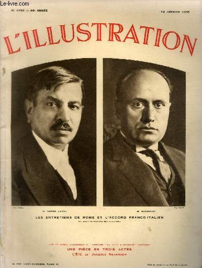 L'ILLUSTRATION JOURNAL UNIVERSEL N 4793 - Les entretiens de Rome et l'accord franco-italien - M.Pierre Laval reu par M.Mussolini  Rome.