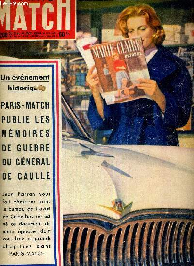 PARIS MATCH N 288 - Salon de l'auto 55 - deux nouveauts : la 8 cylindres europenne - un vnement historique : Paris-Match publie les mmoires de geurre du gnral de Gaulle - R. Cartier vous raconte les 5 coups de thatre de Sagon...