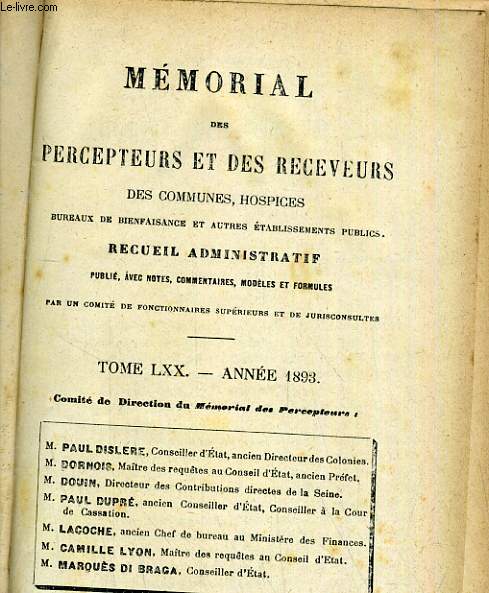 Mmorial des percepteurs et des receveurs des communes, hospices. Tome LXX - anne 1893