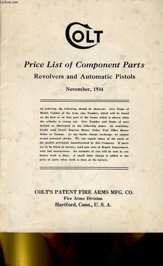 Price List of Component Parts. Revolvers and Automatic Pistols.