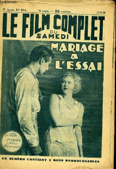 LE FILM COMPLET DU SAMEDI N 914 - 9EME ANNEE - MARIAGE A L'ESSAI