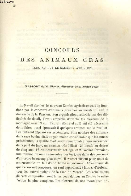 CONCOURS DES ANIMAUX GRAS TENU AU PUY LE SAMEDI 9 AVRIL 1878 / MAMOIRES DU DISTOME ET DE LA CACHEXIE AQUEUSE DU MOUTON
