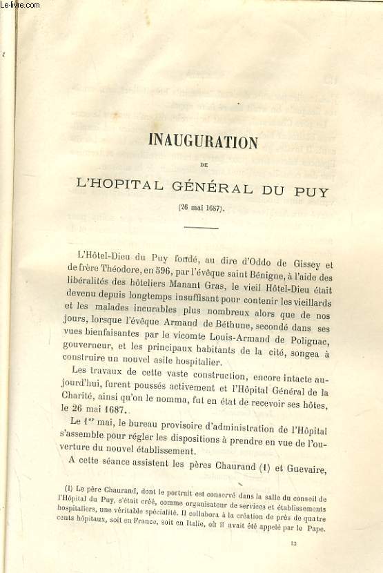 INAUGURATION DE L'HOPITAL GENERAL DU PUY (26 MAI 1687)
