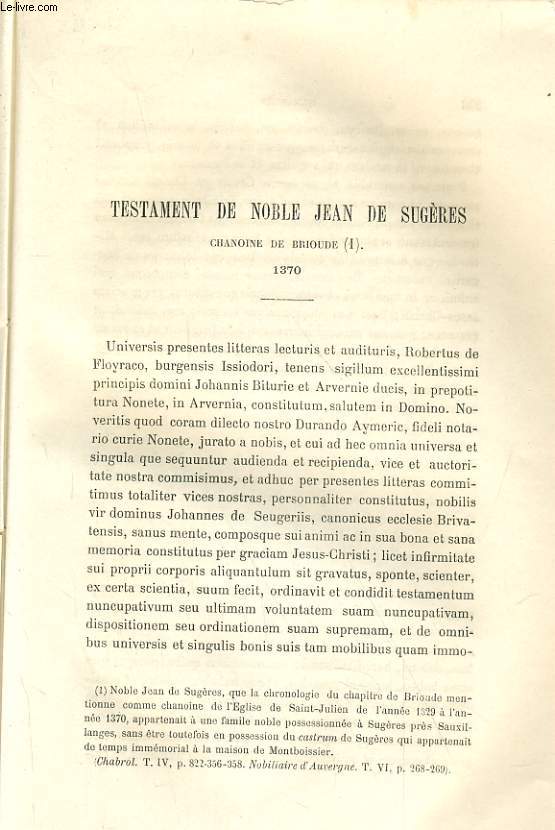 TESTAMENT DE NOBLE JEAN DE SUGERES - CHANOINE DE BRIOUDE (1) 1370