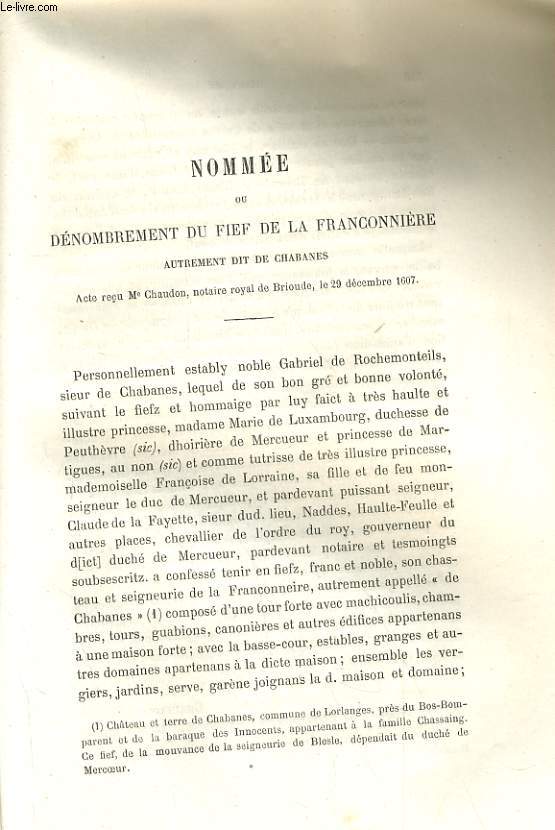 NOMMEE ou DENOMBREMENT DU FIEF DE LA FRANCONNIERE AUTREMENT DIT DE CHABANES ACTE RECU Me CHAUDON, NOTAIRE DE BRIOUDE, LE 29 NOVEMBRE 1607