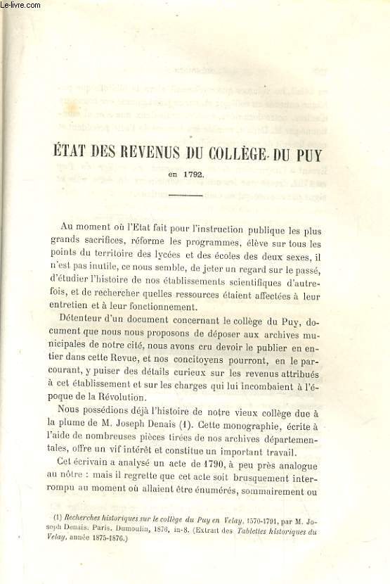 ETAT DES REVENUS DU COLLEGE DU PUY EN 1792