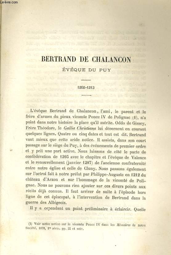 BERTRAND DE CHALANCON EVEQUE DU PUY 1202-1213