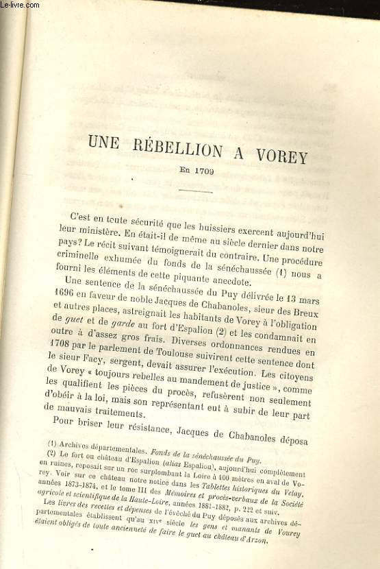 UNE REBELLION A VOREY EN 1709 / INVENTAIRE DU MOBILIER DE L'EGLISE DE SAINT-PAULIEN EN 1792