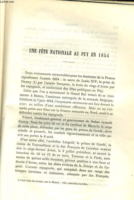 UNE FETE NATIONALE AU PUY EN 1654 / DESTRUCTION DE L'ORATOIRE DE MEDICIS A MARMINHAC 1562