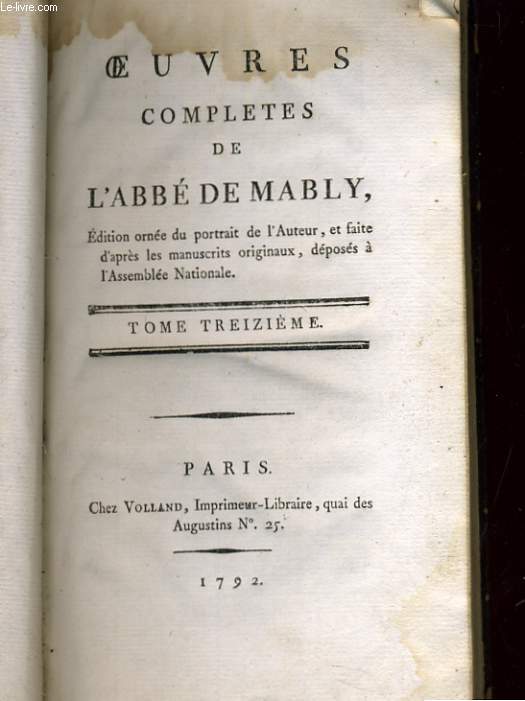 OEUVRES COMPLETES DE L'ABBE DE MABLY - TOME TREIZIEME