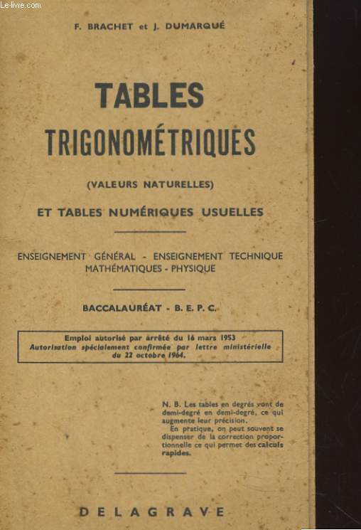 TABLES TRIGONOMETRIQUES (VALEURS NATURELLES) ET TABLES NUMERIQUES USUELLES. ENSEIGNEMENT GENERAL - ENSEIGNEMENT TECHNIQUE - MATHEMATIQUES - PHYSIQUE. BACCALAUREAT - B.E.P.C.