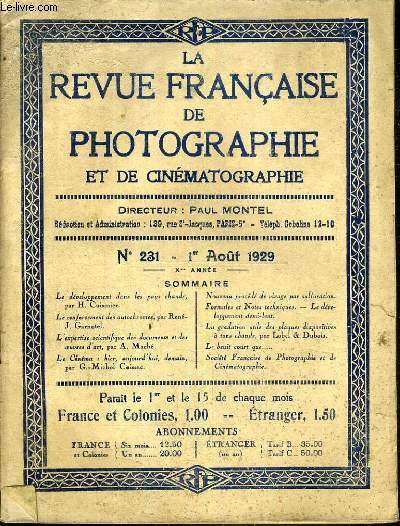 LA REVUE FRANCAISE DE PHOTOGRAPHIE ET DE CINEMATOGRAPHIE - 1er AOUT 1929 - N231.