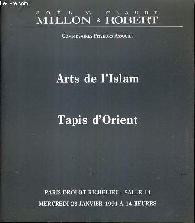 CATALOGUE DE VENTE AUX ENCHERES - DROUOT RICHELIEU - ARTS DE L'ISLAM - TAPIS D'ORIENT - SALLE 14 - 23 JANVIER 1991.
