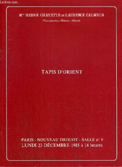 CATALOGUE DE VENTE AUX ENCHERES - NOUVEAU DROUOT - TAPIS D'ORIENT - SALLE 9 - 23 DECEMBRE 1985.