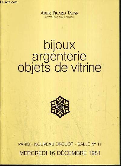 CATALOGUES DE VENTE AUX ENCHERES - NOUVEAU DROUOT - BIJOUX - ARGENTERIE - OBJETS DE VITRINE - SALLE 11 - 16 DECEMBRE 1981.