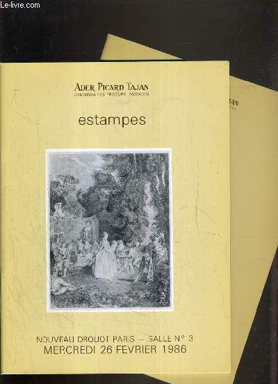 LOT DE 2 CATALOGUES DE VENTE AUX ENCHERES - NOUVEAU DROUOT - ESTAMPES - GRAVURES DU XVIIIe SIECLE - 26 FEVRIER et 20 OCTOBRE 1986.