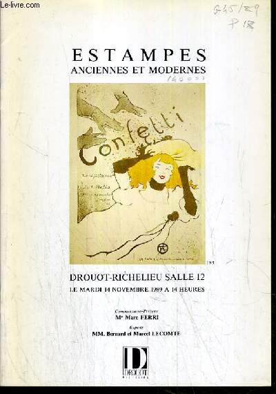 CATALOGUE DE VENTE AUX ENCHERES - DROUOT RICHELIEU - ESTAMPES - ANCIENNES ET MODERNES - SALLE 12 - 14 NOVEMBRE 1989.