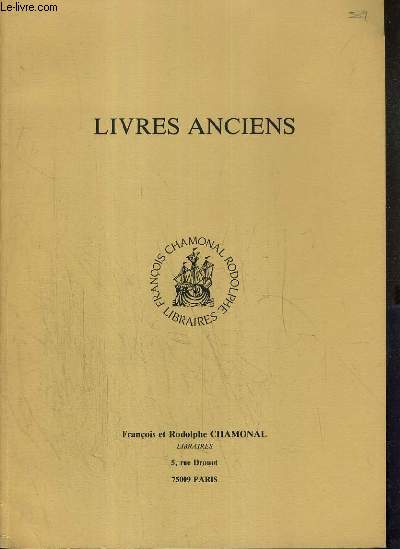 CATALOGUE - LIVRES ANCIENS - NOVEMBRE 1989.