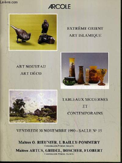 CATALOGUE DE VENTE AUX ENCHERES - RCHELIEU DROUOT - EXTREME ORIENT - ART ISLAMIQUE - ART NOUVEAU - ART DECO - SALLE 15 - 30 NOVEMBRE 1990.