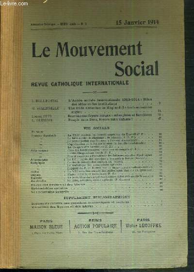 LE MOUVEMENT SOCIAL - REVUE CATHOLIQUE INTERNATIONALE - XXXIXe ANNEE - 15 JANVIER 1914.