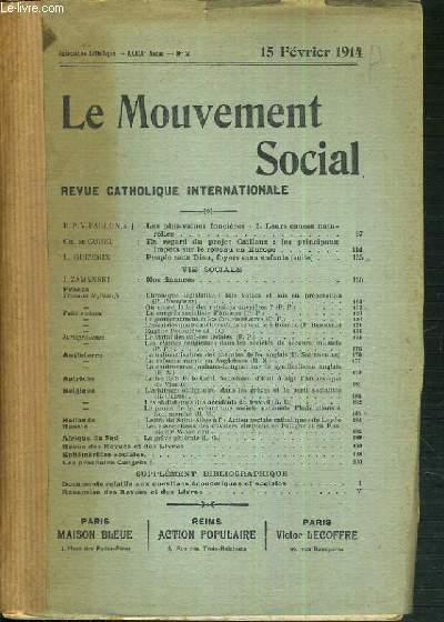 LE MOUVEMENT SOCIAL - REVUE CATHOLIQUE INTERNATIONALE - XXXIXe ANNEE - 15 FEVRIER 1914.