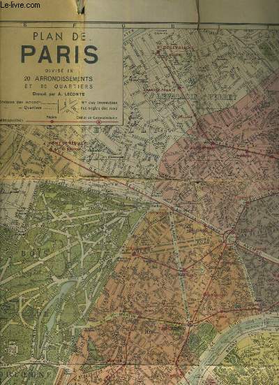 PLAN DE PARIS, divis en 20 arrondissements et 80 quartiers - ECHELLE 1 / 17.500