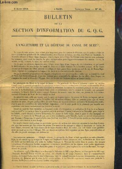 BULLETIN DE LA SECTION D'INFORMATION DU G. Q. G. - L'ANGLETERRE ET LA DEFENSE DU CANAL DE SUEZ - 8 AOUT 1918 - NOUVELLE SERIE - N46.