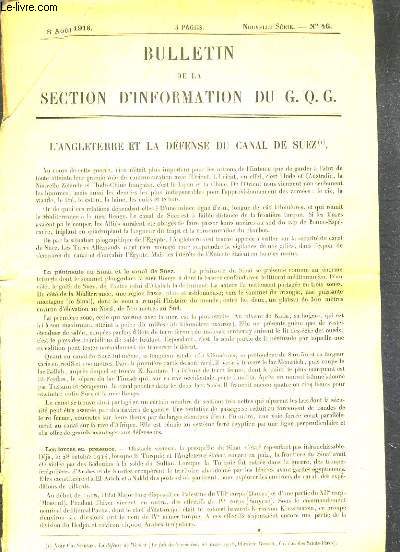 BULLETIN DE LA SECTION D'INFORMATION DU G. Q. G. - N46 - 8 AOUT 1918 - L'ANGLETERRE ET LA DEFENSE DU CANAL DE SUEZ