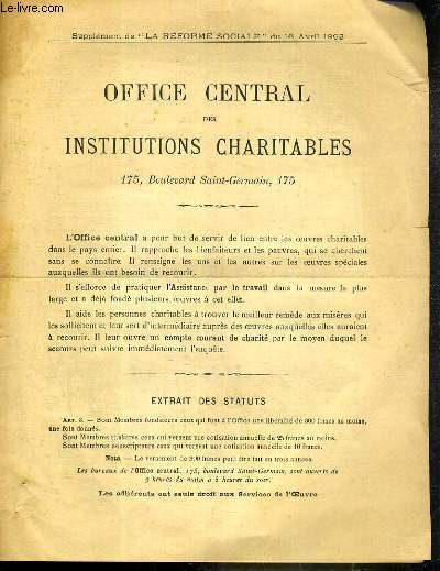 OFFICE CENTRAL DES INSTITUTIONS CHARITABLES - SUPPLEMENT DE 