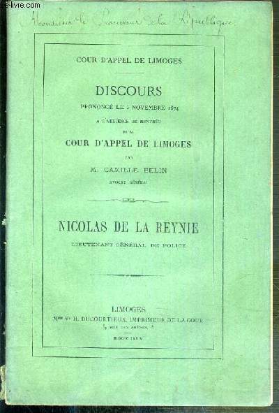 DISCOURS PRONONCE LE 3 NOVEMBRE 1874 A L'AUDIENCE DE RENTREE DE LA COUR D'APPEL DE LIMOGES PAR M. CAMILLE BELIN