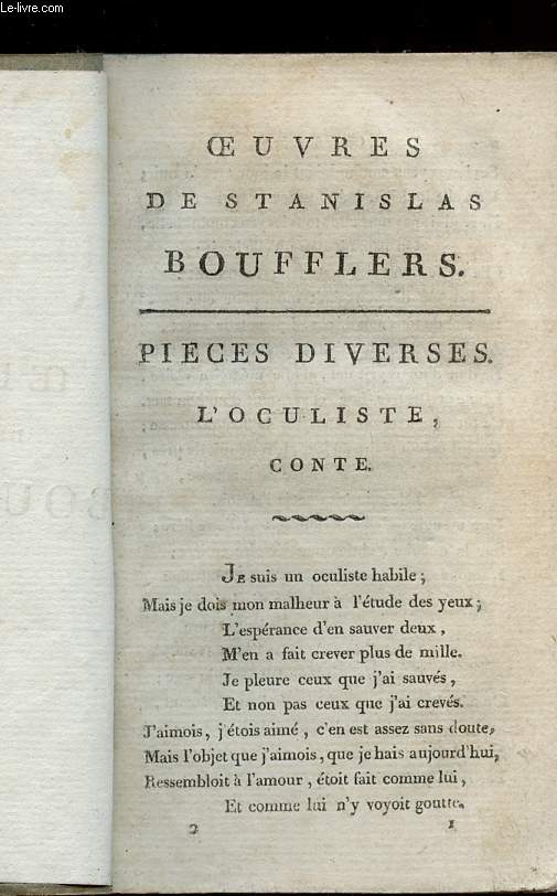 OEUVRES DE STANISLAS BOUFFLERS - TOME SECOND:  L'OCULISTE, CONTE etc...