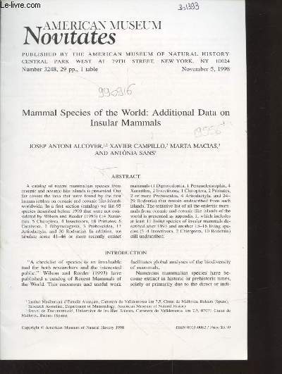 American Mueum Novitates November 5, 1998. Sommaire : Mamma Species of the World : Additional Data on Insular Mammals -