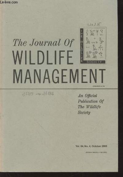 The Journal of Wildlife Management Volume 64 Number 4 October 2000. Sommaire: Predicting red wolf release success in the southeastern United States - Determinants of lead shot, rice, and grit ingestion in duscks and coots. - etc.
