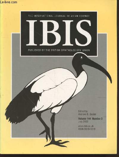IBIS Volume 144 Number 3 July 2002 . The International Journal of The Britsh Ornithologists Union. Sommaire : The effect of age and year on the survival of breeding adult Great Skuas Catharacta skua in Shetland - etc.