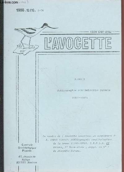 L'Avocette 1988 - 12 (1) : Bibliographie ornithologique picarde (1824-1985).