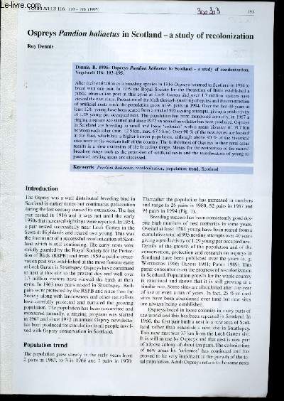 Tir  part : Vogelwelt n116 : Ospreys Pandion haliaetus in Scotaland : a study of recolonization.