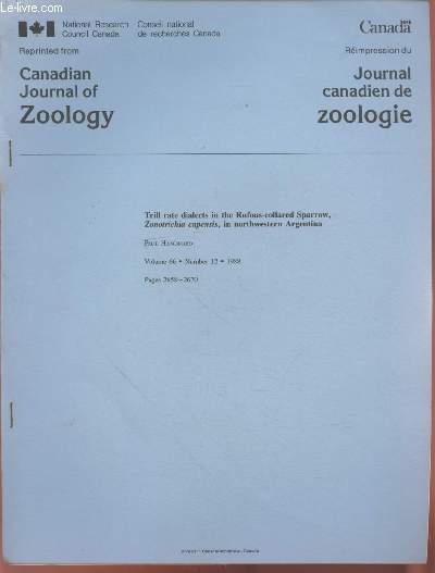 Tir  part : Canadian Journal of Zoology Vol. 66 n12 : Trill rate dialects in the Rufous-collared Sparrow, zonotrichia capensis, in northwestern Argentina.