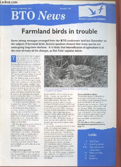 BTO News n184 January-February 1993 : Farmland birds in trouble. Sommaire : Bird Clubs - Nest records for conservation - Breeding waders - BirdWise - etc.