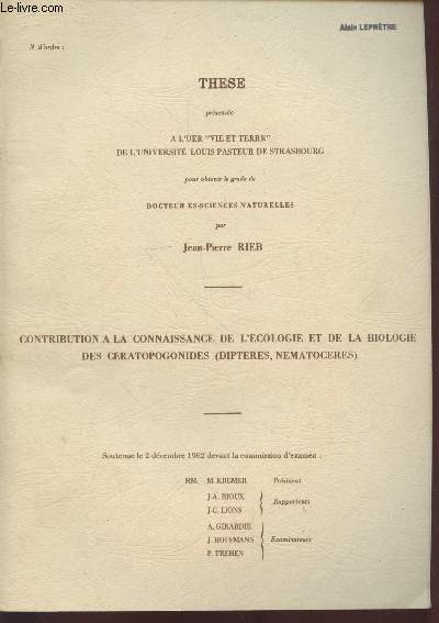 Thse : Contribution  la connaissance de l'cologie et de la biologie des cratopogonides (Dipteres, nematoceres).