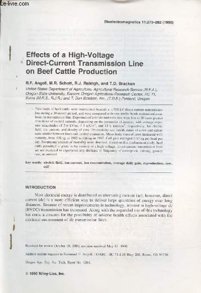 Tir  part :Biolectromagnetics n11 : Effects of a High-voltage direct-current transmission line on beef cattle production.