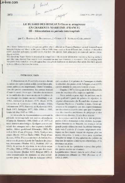 Tir  part : Alauda Vol.58 n4 : Le busard des roseaux Circus a. oeruginosus en Charente-Maritime (France) III. Alimentation en priode internuptiale.